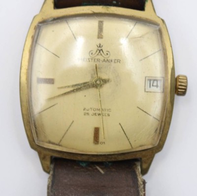 Auktion 356<br>Herren-Armbanduhr, Meister Anker, Automatik, 60er Jahre, stark getragene Erhaltung, Lederband defekt, ca. D-3cm [1]