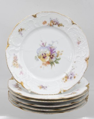 Auktion 356<br>6x flache Speiseteller, frühes Rosenthal Sanssouci, Goldzier und aufwendige Blumenbemalung, um 1900, D-25cm [1]