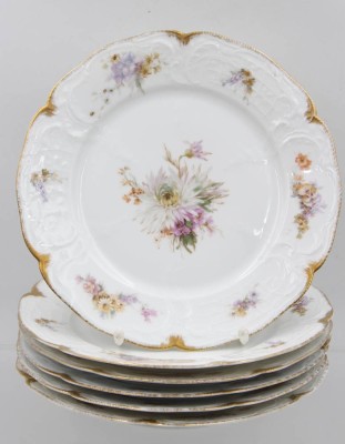 Auktion 356<br>6x flache Speiseteller, frühes Rosenthal Sanssouci, Goldzier und aufwendige Blumenbemalung, um 1900, je D-25cm [1]