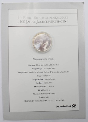 Auktion 356<br>10 Euro Gedenkmünze in Silber., 100 Jahre Jugendherbergen, 18g, Zertifikat anbei [1]