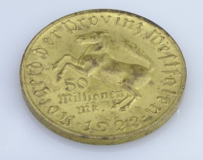 Auktion 356<br>Notgeld-Münze, 50 Millionen RM, Provinz Westfahlen, D-ca. 4,5cm [1]