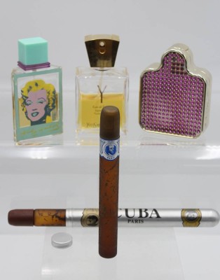 Auktion 356<br>5x div. Parfume-Flacons, u.a.  Yves Saint Laurent, Andy Warhol, Versace und 2x Cuba, teilw. Inhalt dieser original ? [1]